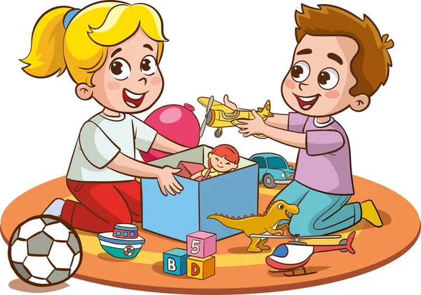 아이들은 청소하는 삽화를 그리면서 줍니다 소녀들 소년들 장난감을 상자에 엄마를 — 스톡 벡터