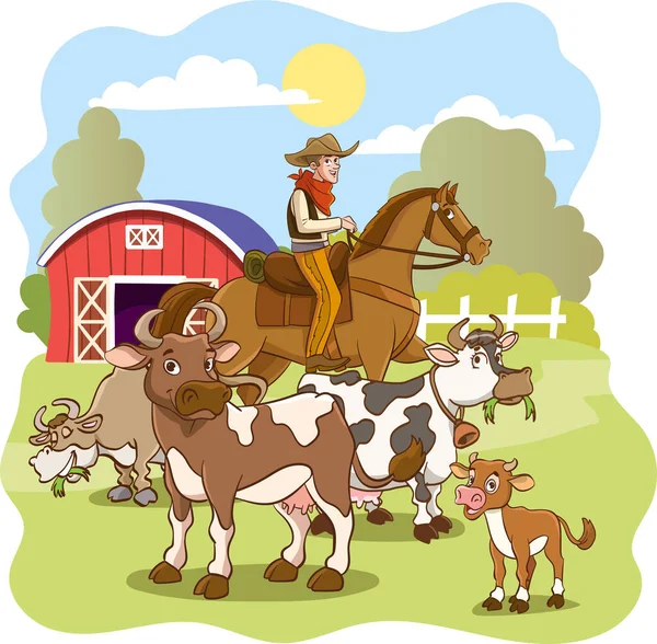 Cowboy Animaux Ferme Illustration Vectorielle Style Dessin Animé — Image vectorielle