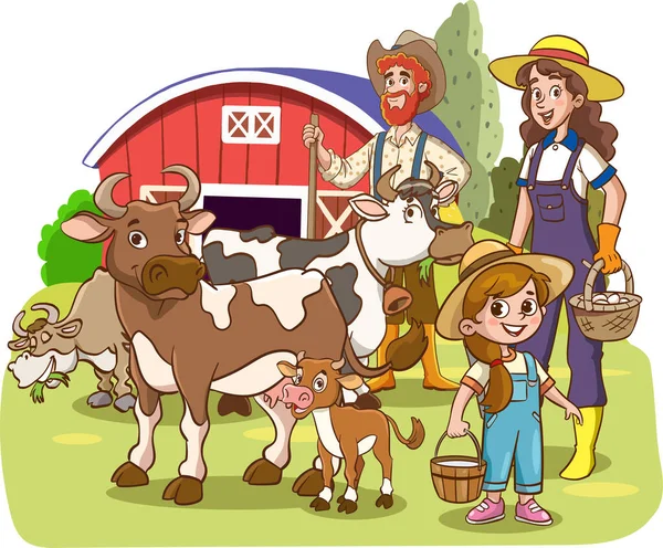 Illustration Une Famille Personnages Agricoles Leurs Bovins Dans Une Ferme — Image vectorielle