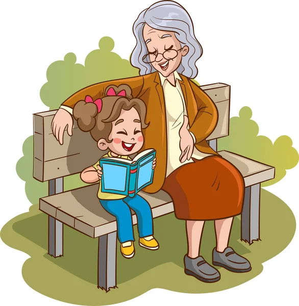 Crianças Lendo Livro Sentado Banco Com Sua Avó —  Vetores de Stock