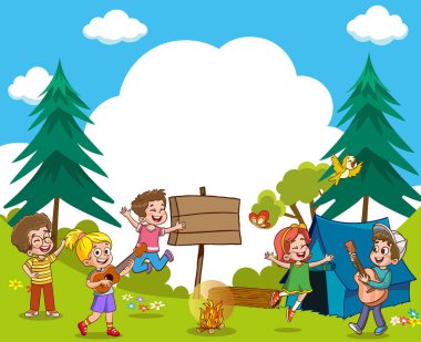 Orman vektörü illüstrasyon grafik tasarımında mutlu çocuklarla kamp teması