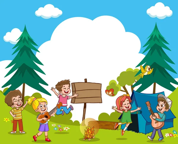 Tema Acampamento Com Crianças Felizes Desenho Gráfico Ilustração Vetor Floresta —  Vetores de Stock