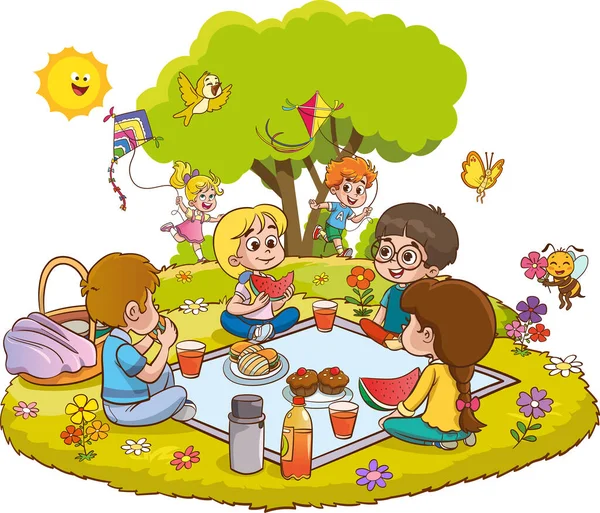 白い背景に公園でピクニックをする子供たちのイラスト — ストックベクタ