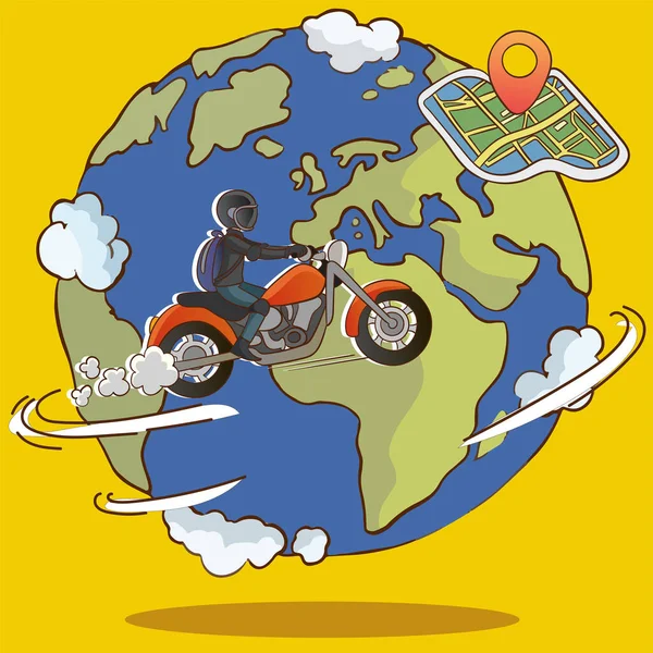 Dünya Haritasının Arka Planında Motosiklet Vektör Çizimi Motosikletle Dünyayı Dolaşan — Stok Vektör