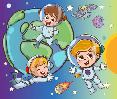 Gezegendeki astronot çocuklar. Bir karikatürün vektör illüstrasyonu