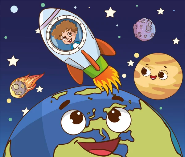 Gezegendeki astronot çocuklar. Bir karikatürün vektör illüstrasyonu