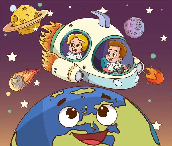 Dzieci Astronautów Planecie Ilustracja Wektorowa Kreskówki — Wektor stockowy