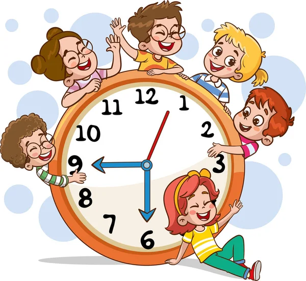 教学时间的概念 可爱的儿童时钟模板插图 小孩拿着时钟 小孩拿着时钟 一个带时钟的男孩和一个女孩的矢量图 — 图库矢量图片