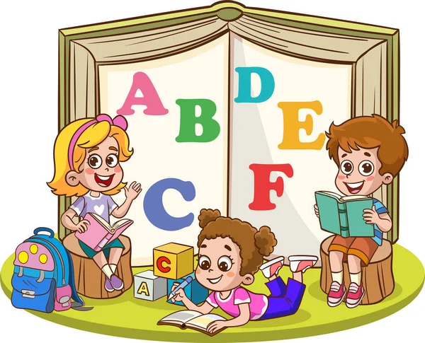 Ilustración Vectorial Niños Lindo Libro Reading Kids Disfrutando Lectura Personajes — Vector de stock