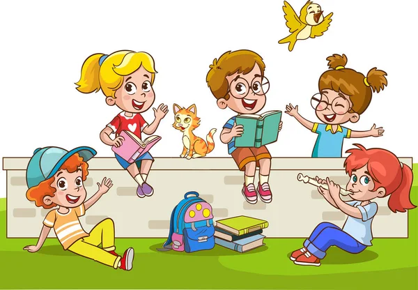 Kleine School Kinderen Die Boeken Lezen Plezier Hebben Tuin — Stockvector