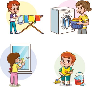 Çizgi filmdeki çocuklar ev işi yapıyor, çocuklar ev işlerine yardım ediyor. Erkekler ve kızlar yerleri süpürür, toz alır, bulaşıkları yıkar, yerleri paspaslar. Yemek yapmak, çamaşır yıkamak..