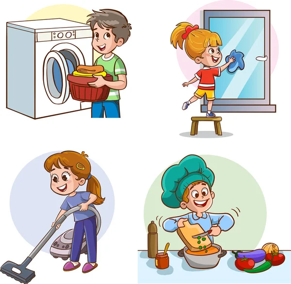 Crianças Dos Desenhos Animados Fazer Trabalhos Domésticos Crianças Ajudar Com — Vetor de Stock