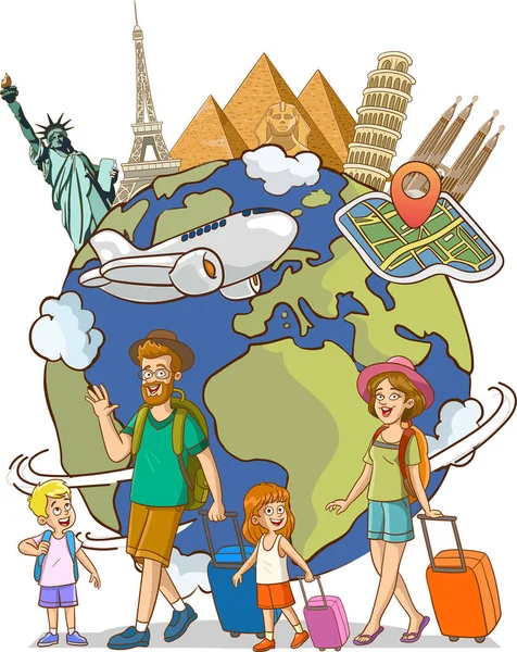 Vacaciones Familiares Viaje Vector Illustration Plane Volar Sobre Mundo Aislado — Archivo Imágenes Vectoriales