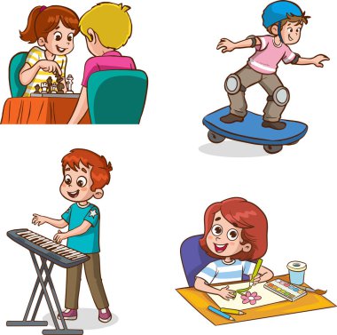Çeşitli spor ve sanat dallarında çalışan çocukların vektör illüstrasyonu.