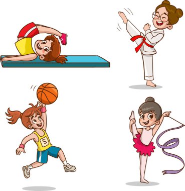 Çeşitli sporlarda oynayan çocukların vektör illüstrasyonu.