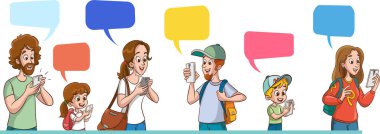 Sosyal Ağ Sanal İlişkiler Konsepti. Düz İnsanlar Karakterleri İnternet üzerinden Akıllı Telefon Kullanarak Sohbet Ediyor. Cep telefonlu bir grup erkek, kadın ve çocuk. Vektör illüstrasyonu