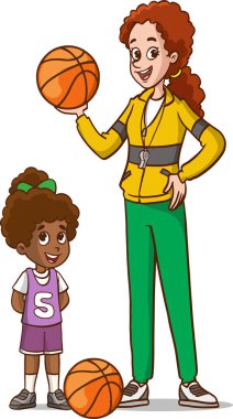 Çocukların basketbol takımı ve takım koçunun vektör çizimi