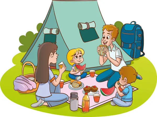 家族のピクニックやキャンプ 釣りのベクトルイラスト — ストックベクタ