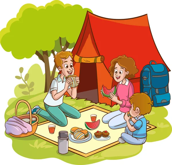 Vektorillustration Von Familienpicknick Und Zelten Und Angeln — Stockvektor