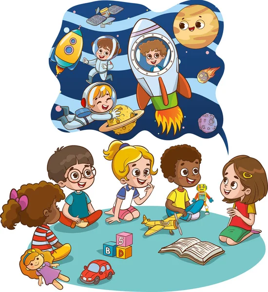 かわいい少女が本を持ち 友人たちに話しかけ 床に座っている おとぎ話に耳を傾ける笑顔の子供たち 漫画ベクトルイラスト — ストックベクタ
