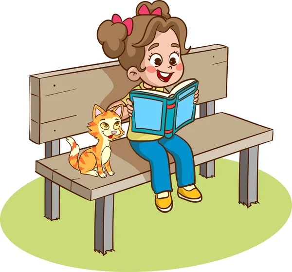 Kids Reading Book Sitting Bench — Stock Vector