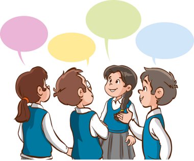 Konuşan küçük sevimli öğrencilerin vektör çizimi 