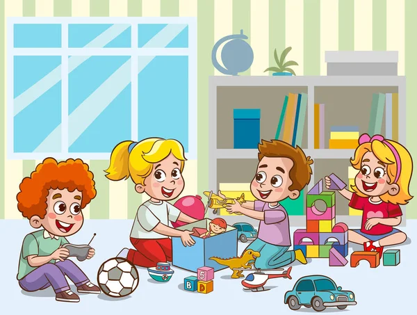 Niedliche Kleine Kinder Spielen Mit Spielzeug Der Vorschule Klassenzimmer — Stockvektor