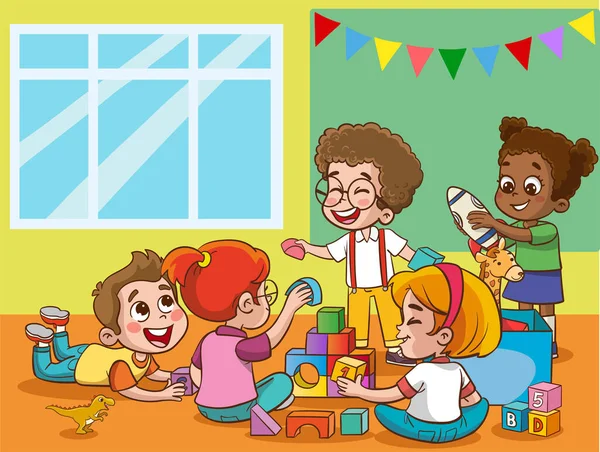 Mignons Petits Enfants Jouer Avec Des Jouets Dans Classe Préscolaire — Image vectorielle