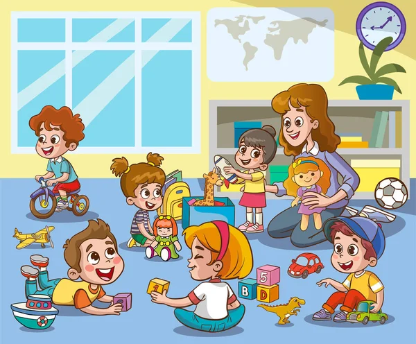 Słodkie Małe Dzieci Grać Zabawkami Przedszkolu Klasie — Wektor stockowy