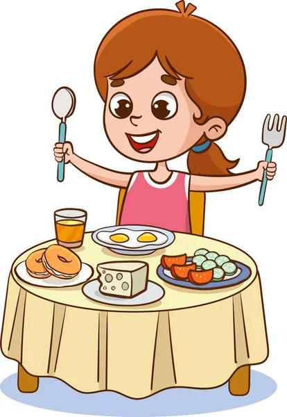 Ilustração Vetorial Crianças Bonitos Tomando Café Manhã — Vetor de Stock