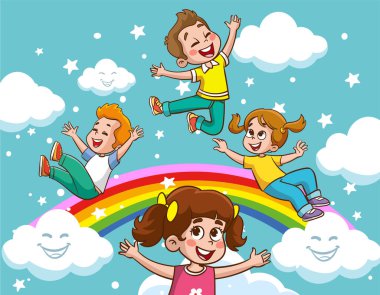 Gökkuşağının vektör çizimi ve eğlenceli çocuklar renkli çizgi film
