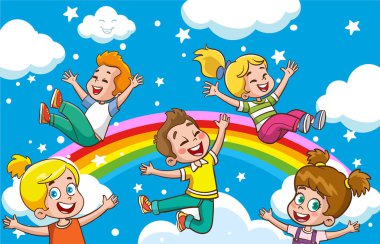 Gökkuşağının vektör çizimi ve eğlenceli çocuklar renkli çizgi film