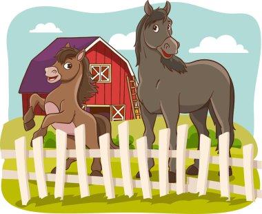 Mutlu çiftçi ailesi ve çiftlik hayvanlarının vektör çizimi