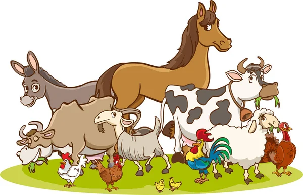 Ilustración Vectorial Familia Agricultores Felices Animales Granja — Vector de stock