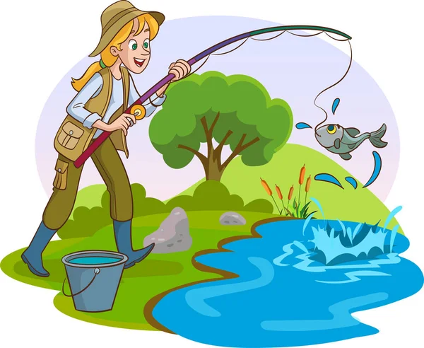 Vector Illustration Woman Fishing — Stock Vector