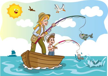 Balık tutan anne ve çocukların vektör çizimi