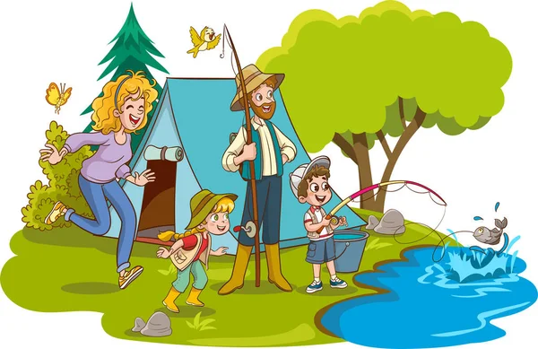 Illustrazione Vettoriale Del Campeggio Familiare Della Pesca — Vettoriale Stock