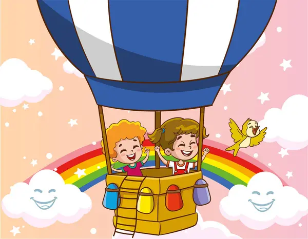 Hava Balonuyla Uçan Çocukların Vektör Çizimi — Stok Vektör