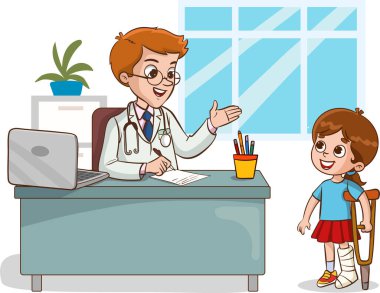 Doktor ve hasta çocuklar vektör çiziminden bahsediyorlar. Kırık bacaklı kız çocuğu.