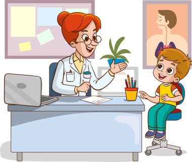 Doktor ve hasta çocuklar vektör çiziminden bahsediyorlar. Kırık bacaklı kız çocuğu.