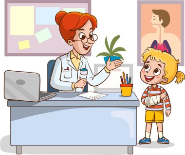 Doktor ve hasta çocuklar vektör çiziminden bahsediyorlar. Kolu ve doktoru kırık çocuklar..