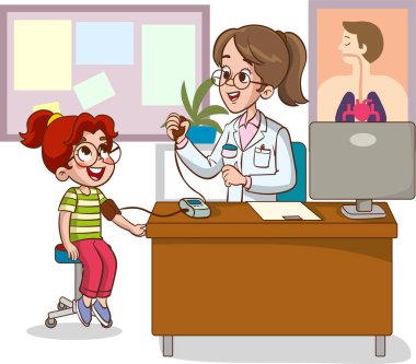 Küçük bir çocuğu muayene eden bir doktorun resmi. Kan basıncı.