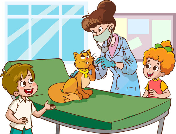 Illustration of a Little Girl Visiting a Cat at the Veterinary Clinic