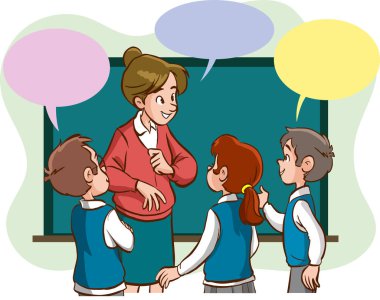 Konuşan öğretmen ve öğrencilerin vektör çizimi 