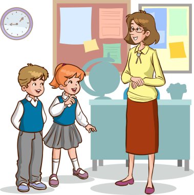 Konuşan öğretmen ve öğrencilerin vektör çizimi 