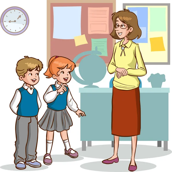 Konuşan öğretmen ve öğrencilerin vektör çizimi 