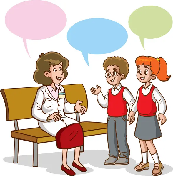 Konuşan öğretmen ve öğrencilerin vektör çizimi 