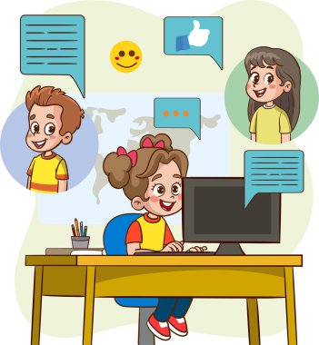  Sosyal medya unsurları beyaz arkaplan resimlerinde olan çocuklar. İnternet üzerinden uzaktan iletişim kuran çocuklar. Mutlu erkekler ve kızlar konuşuyor, uzaktan sohbet ediyorlar. Düz vektör illüstrasyonu