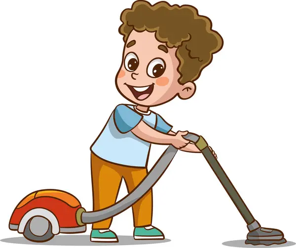 Szczęśliwy Mały Chłopiec Gospodarstwa Mop Wiadro Sprzątanie Podłogi Robi Prace — Wektor stockowy