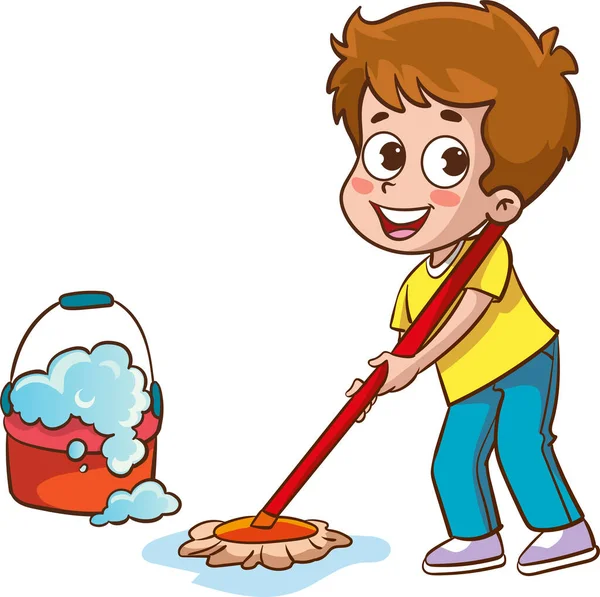 Szczęśliwy Mały Chłopiec Gospodarstwa Mop Wiadro Sprzątanie Podłogi Robi Prace — Wektor stockowy